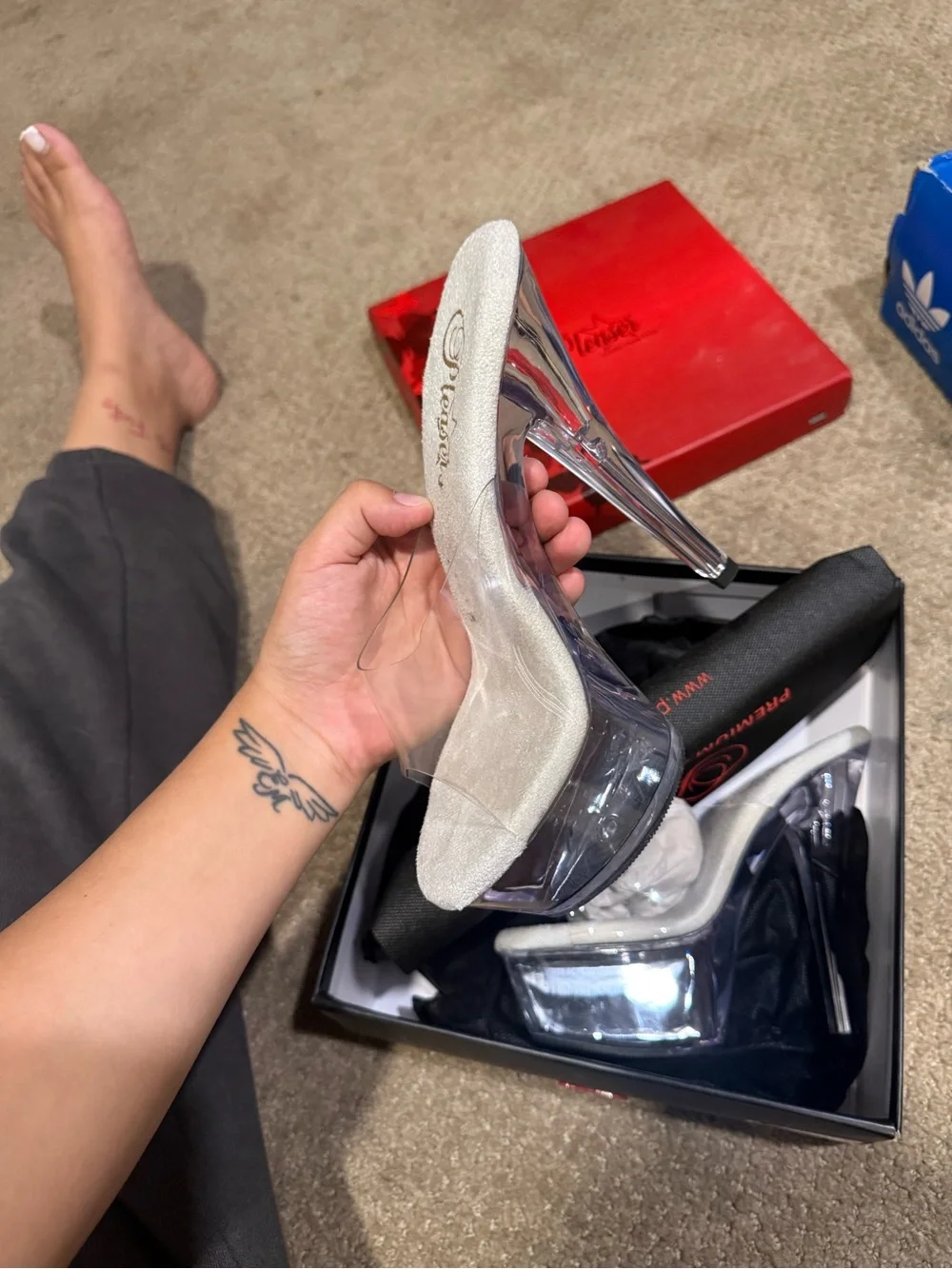 Pleaser Clear Platform Stilettos with White Insole